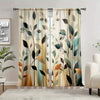 Light beige curtains featuring an abstract print of various green and brown leaves.