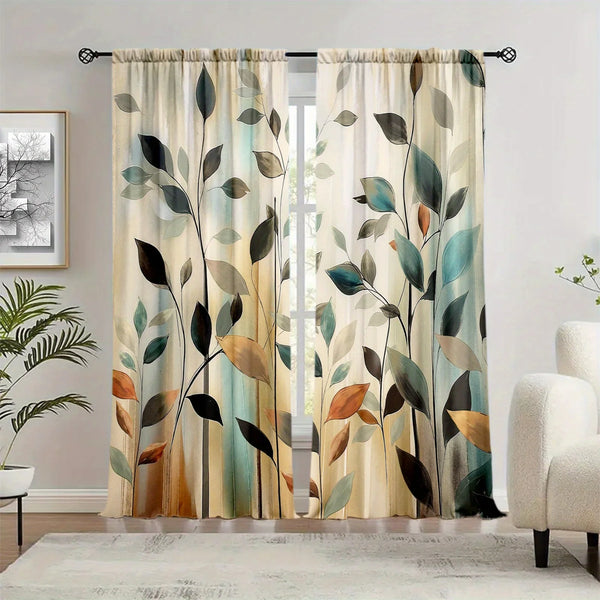 Light beige curtains featuring an abstract print of various green and brown leaves.