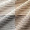Close-up of a beige and gray corduroy striped fabric texture.