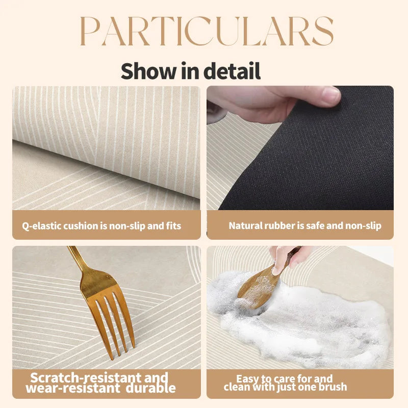 Close-up shots showing the non-slip features, durability, and ease of cleaning for a kitchen drain mat.
