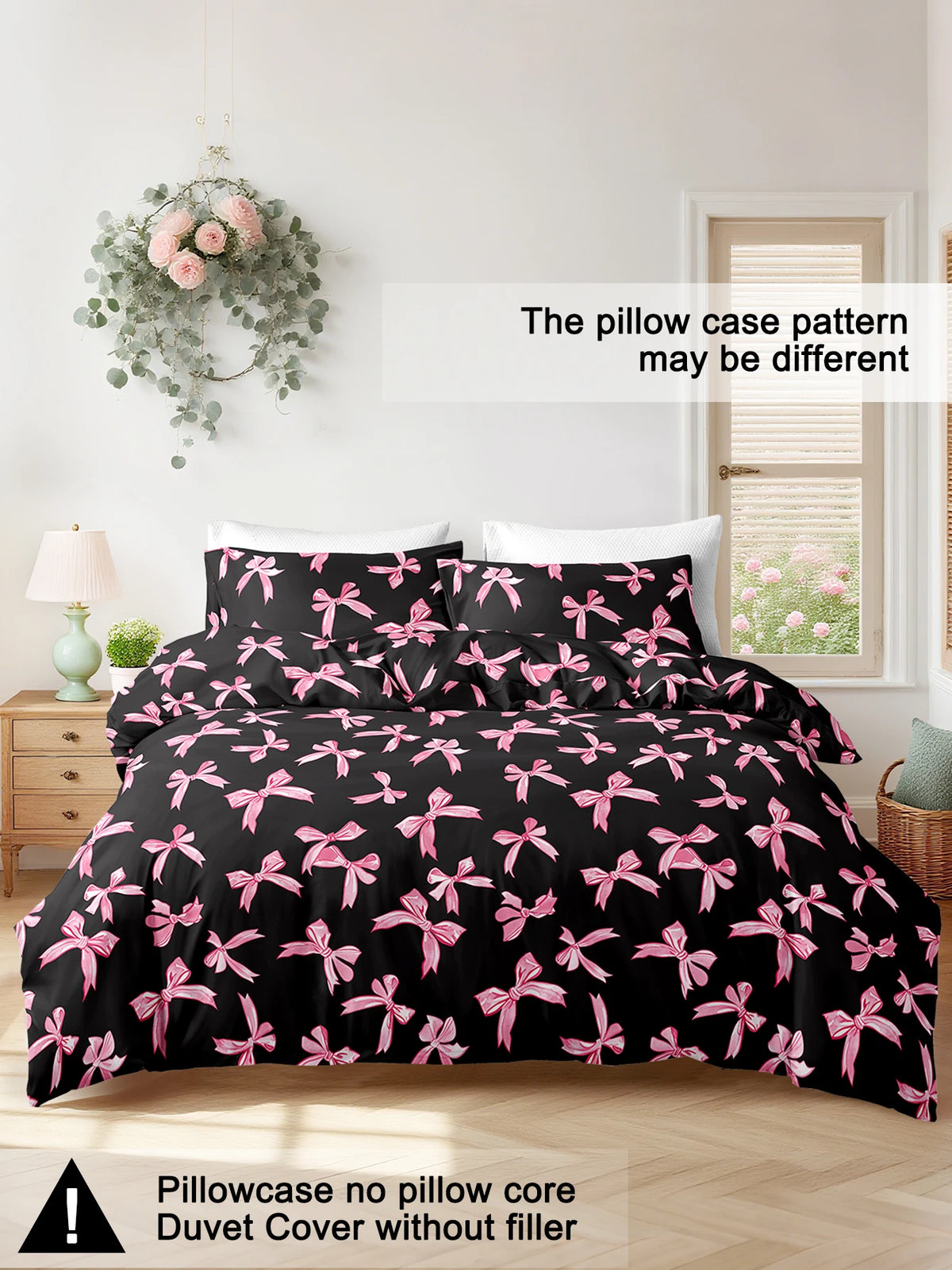 Black duvet cover set featuring a pink plaid bow print on the fabric