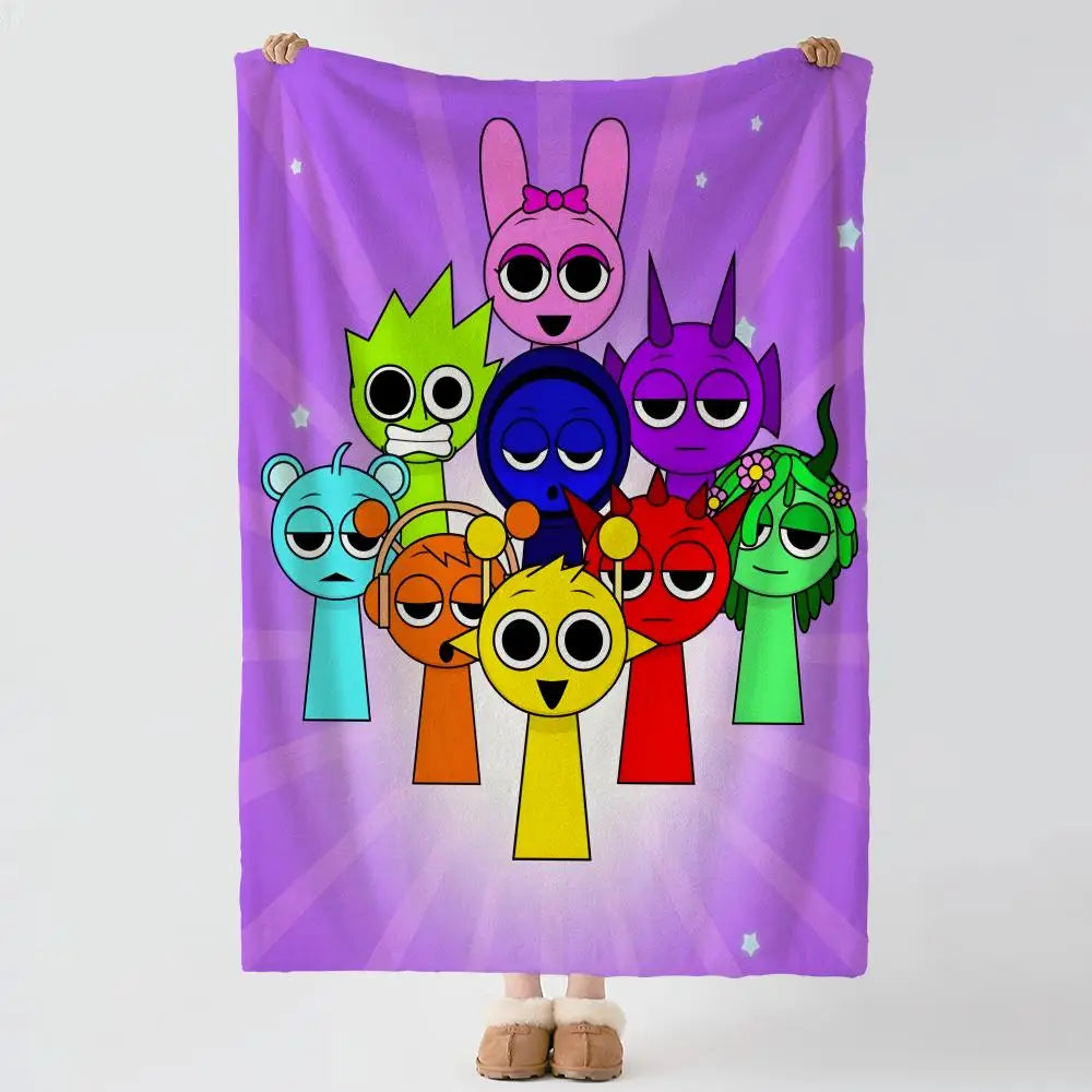 A purple flannel blanket featuring colorful cartoon characters in a vibrant design.