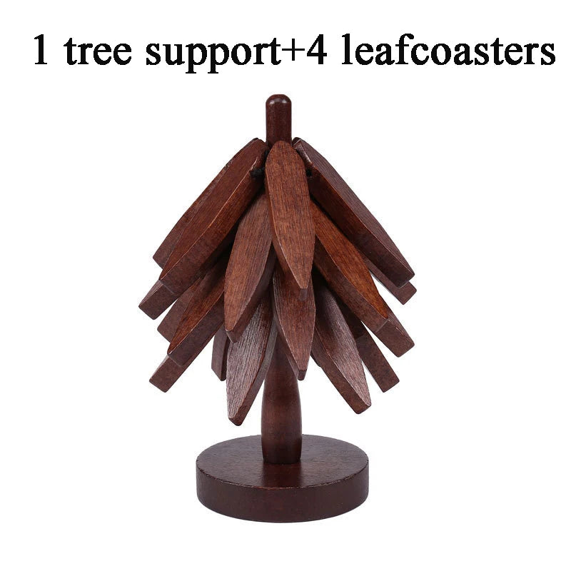 A wooden tree support with four leaf coasters made of dark wood.
