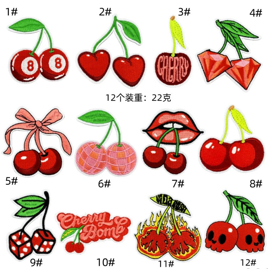 A collection of embroidered fruit patches featuring various fruits like cherries, apples, and berries.
