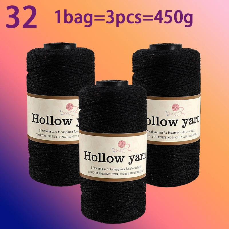 Three spools of Hollow yarn, each containing 3 pieces and weighing 450g total for knitting and crochet.