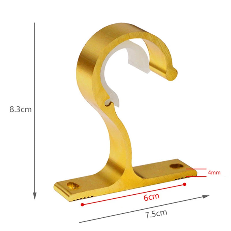 A brass heavy-duty curtain rod bracket with a hook and a flat mounting plate, shown with dimensions.