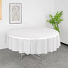 A round white plastic disposable table cover set displayed on a gray floor with a framed artwork in the background.