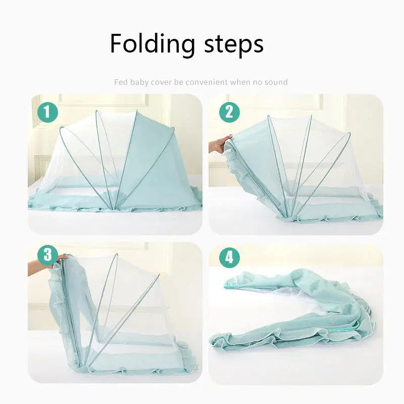 Four steps showing how to fold a light blue mosquito net for infant cribs