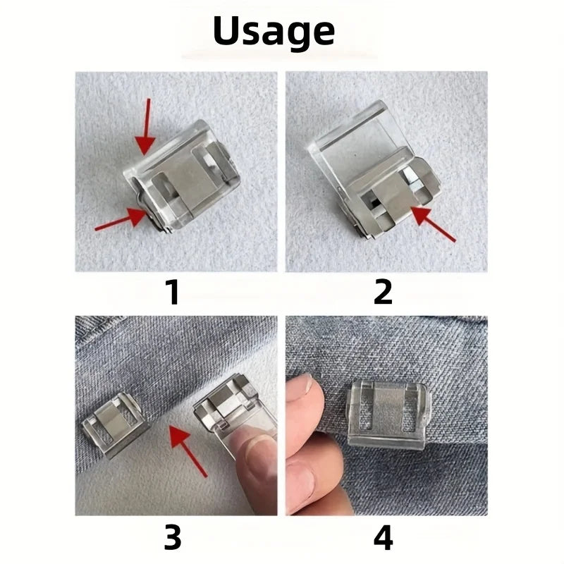 Four images showing the usage of an invisible pant hem clip for adjusting pants.