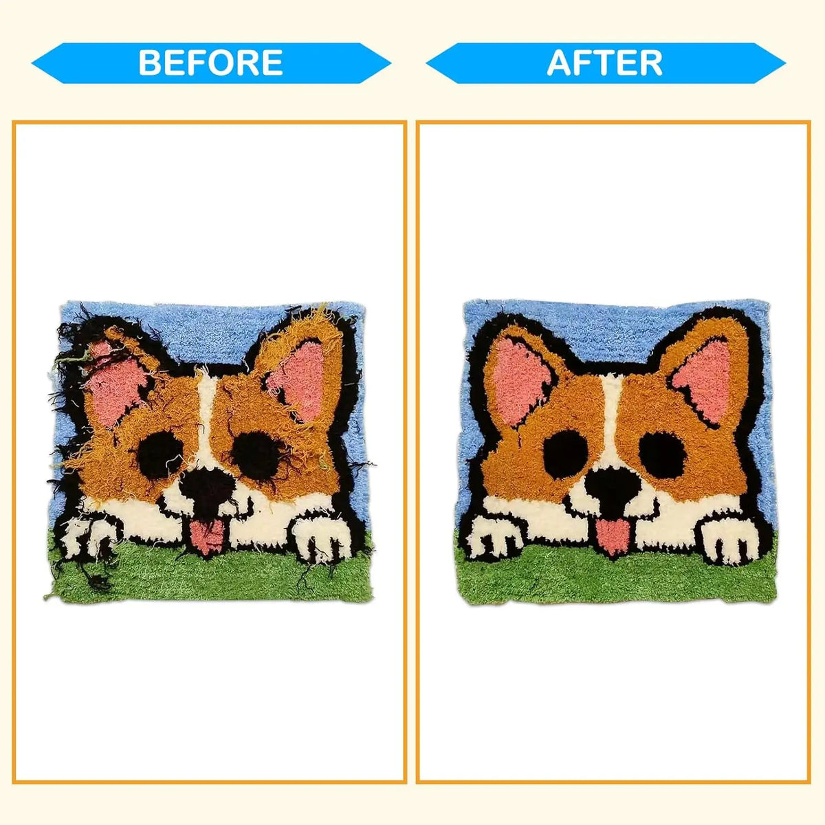 Before and after comparison of a dog face craft showing the transformation of fur texture.