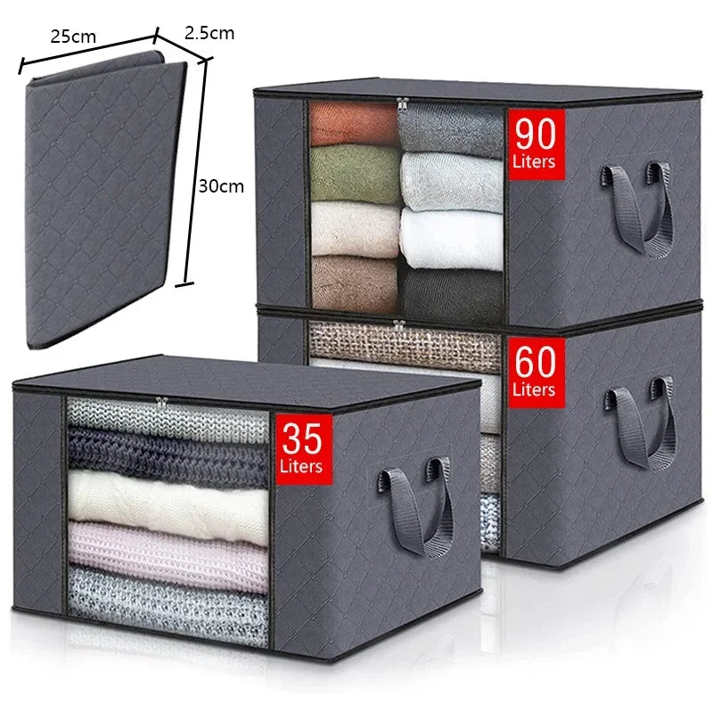 A set of foldable storage bags for clothing and blankets, showing various capacities including 90 liters and 60 liters.