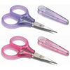 A pair of purple and pink precision craft scissors with protective caps shown against a white background.