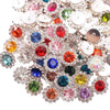 Close-up of sunflower crystal rhinestone sew-on buttons in various colors and sizes.