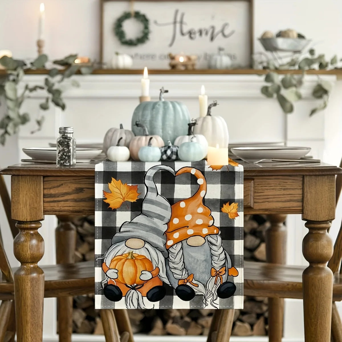 Autumn plaid table runner featuring a pumpkin dwarf design on a wooden table.