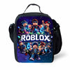 A black cartoon crossbody lunch bag featuring a Roblox theme with characters and the Roblox logo.