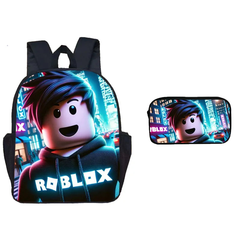 A black backpack and matching pen case featuring a Roblox character design.