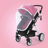 A pink and white foldable mosquito net canopy for an infant cot is shown against a pink background.
