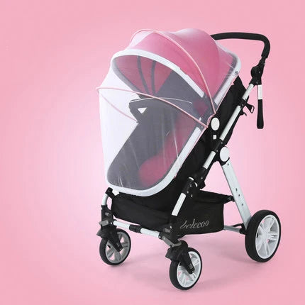 A pink and white foldable mosquito net canopy for an infant cot is shown against a pink background.