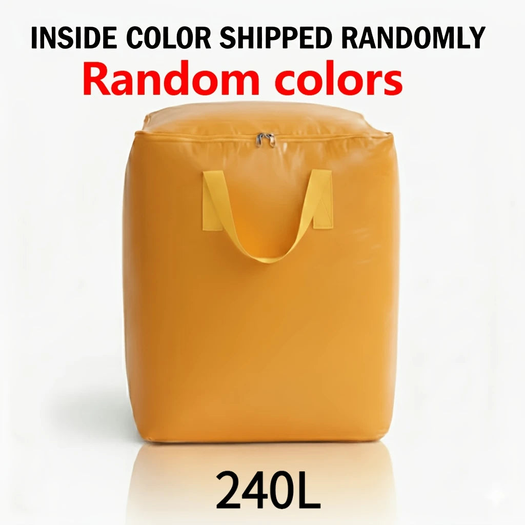 A tan storage bag with yellow handles is shown against a white background.