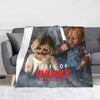 A print featuring Chucky from the horror movie on a gray background.