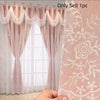 Pink sheer embroidered window curtain with delicate lace trim and gathered fabric.