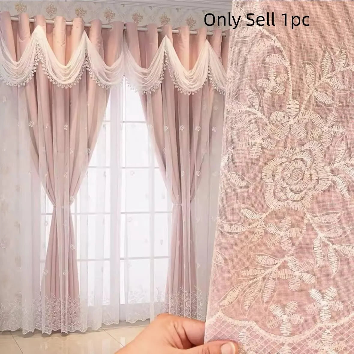 Pink sheer embroidered window curtain with delicate lace trim and gathered fabric.
