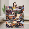 A colorful throw blanket featuring various pop culture and celebrity images.