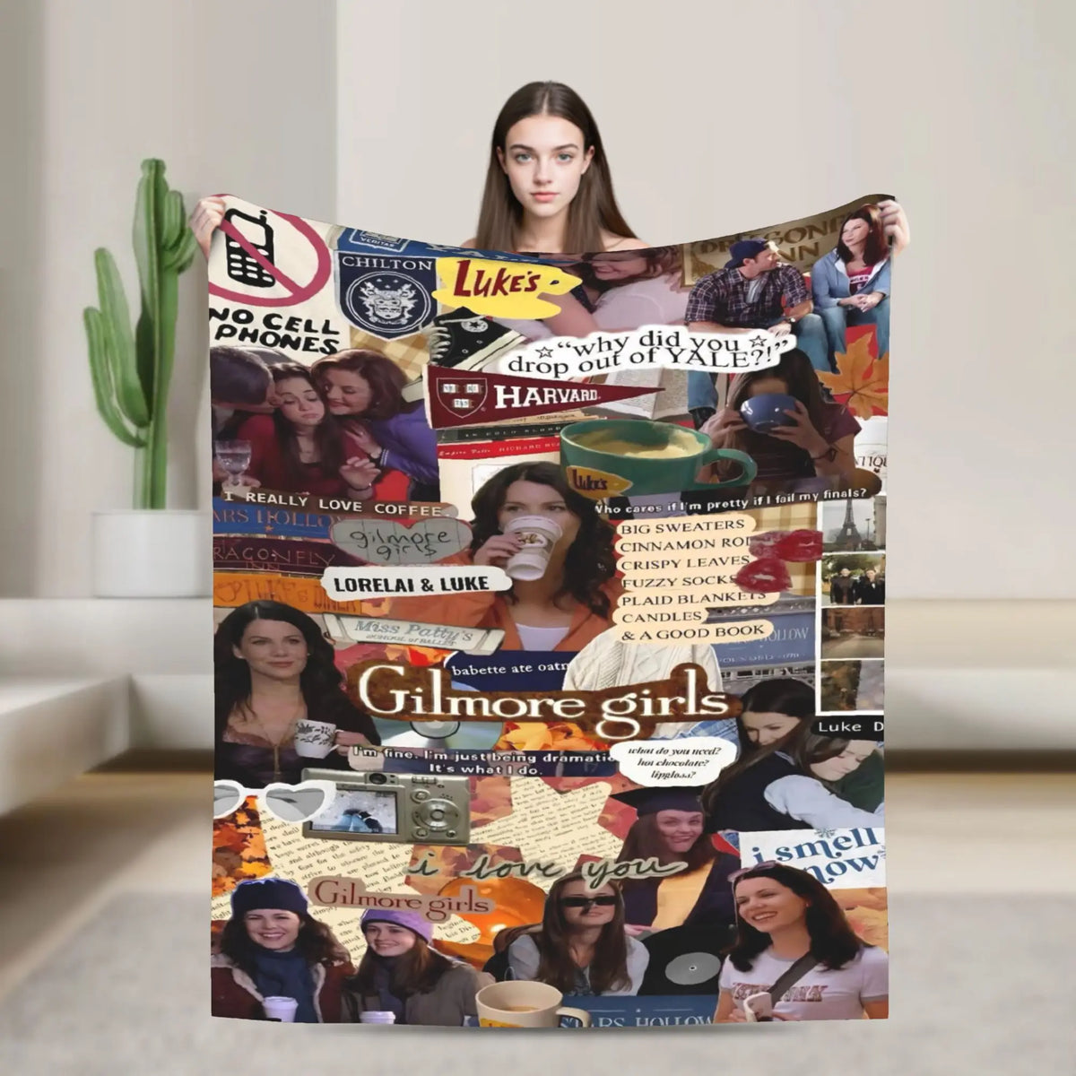 A colorful throw blanket featuring various pop culture and celebrity images.