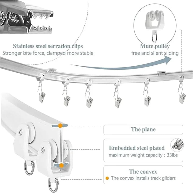 Stainless steel serration clips and mute pulley system for a flexible bendable curtain track.