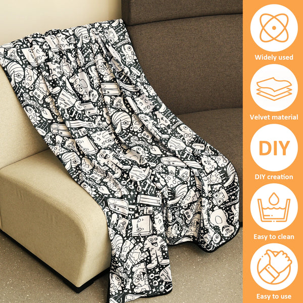A black and white patterned blanket draped over a sofa, with icons indicating it is widely used, velvet material, DIY creatio