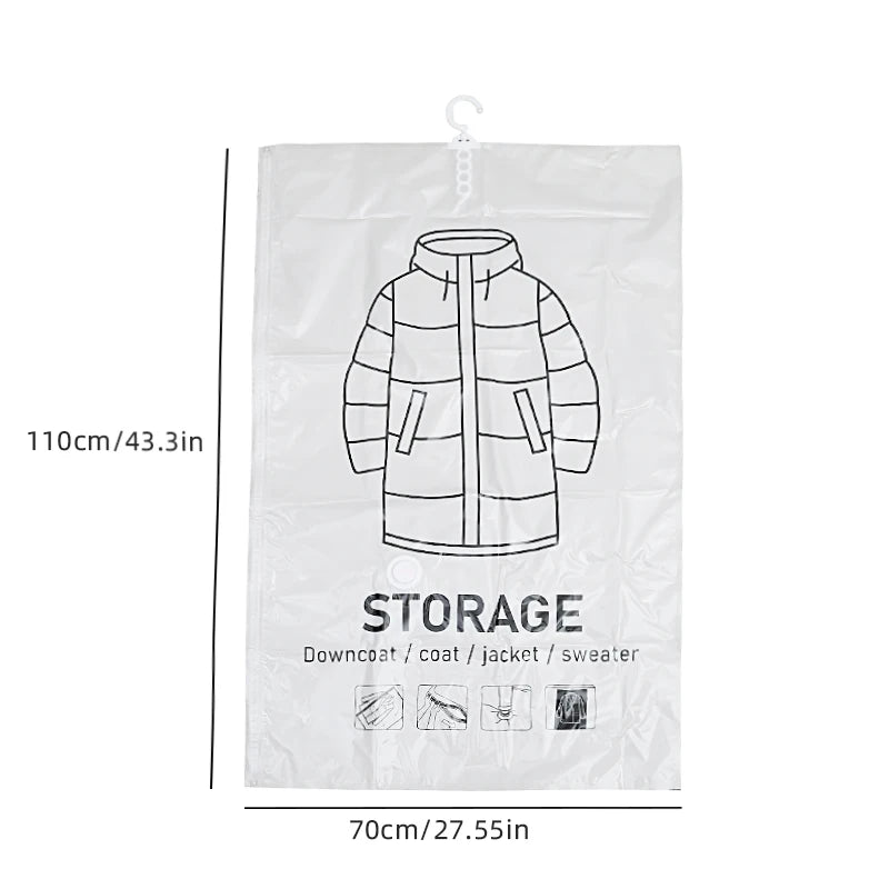 White hanging vacuum storage bag containing a winter coat or jacket.