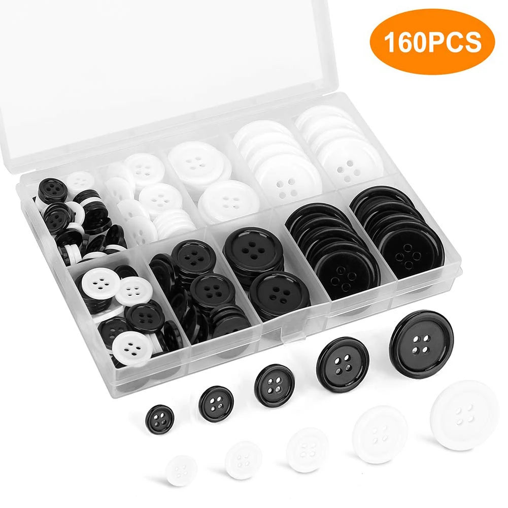 A clear box contains 160 assorted black and white resin sewing buttons of various sizes.