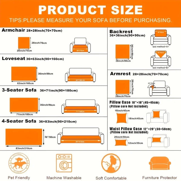Diagrams showing various product sizes for armchairs, loveseats, three-seater sofas, and four-seater sofas.