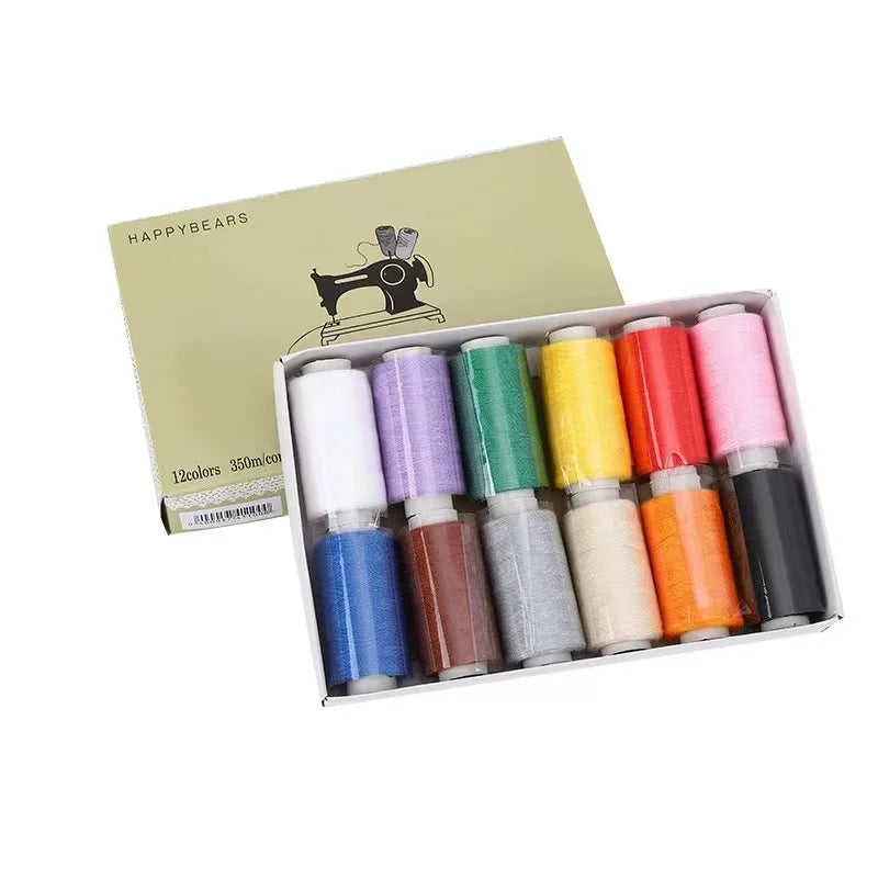 A box containing twelve colors of polyester sewing thread for crafts, displayed next to a vintage sewing machine.