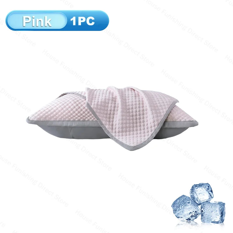Pink ice silk cooling pillowcase shown flat with a piece of ice nearby