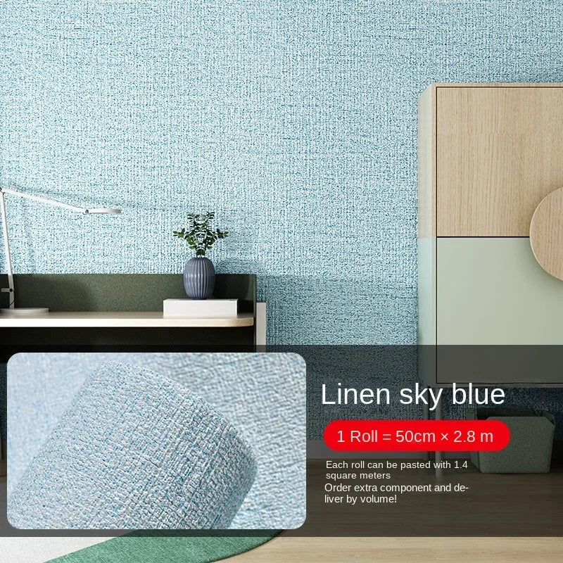 Linen sky blue self-adhesive 3D thermal insulation wallpaper featuring a linen texture on a wall.