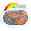 A ball of multi-colored yarn with shades of orange, blue, and pink is shown against a white background.