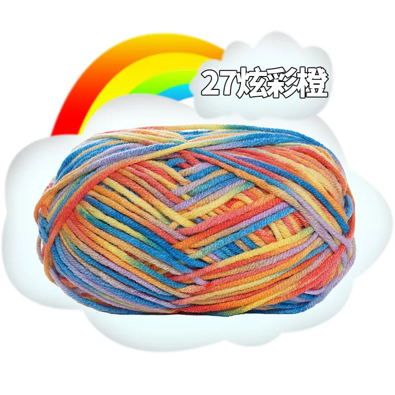 A ball of multi-colored yarn with shades of orange, blue, and pink is shown against a white background.