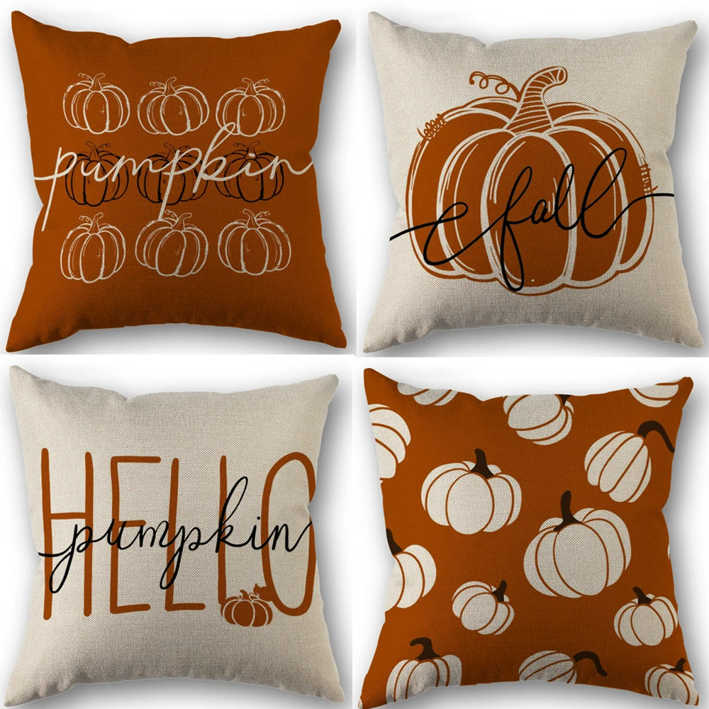 Four pumpkin-themed pillow covers in shades of burnt orange and beige.