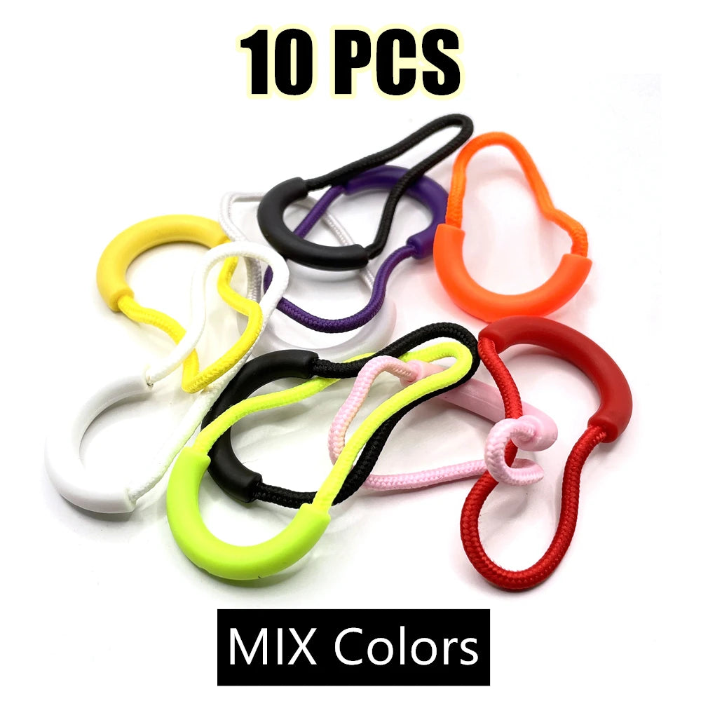 A collection of ten U-shape zipper pull straps in various mixed colors like yellow, purple, orange, and white.