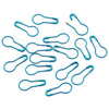 A collection of blue gourd-shaped locking safety pins for knitting and sewing.