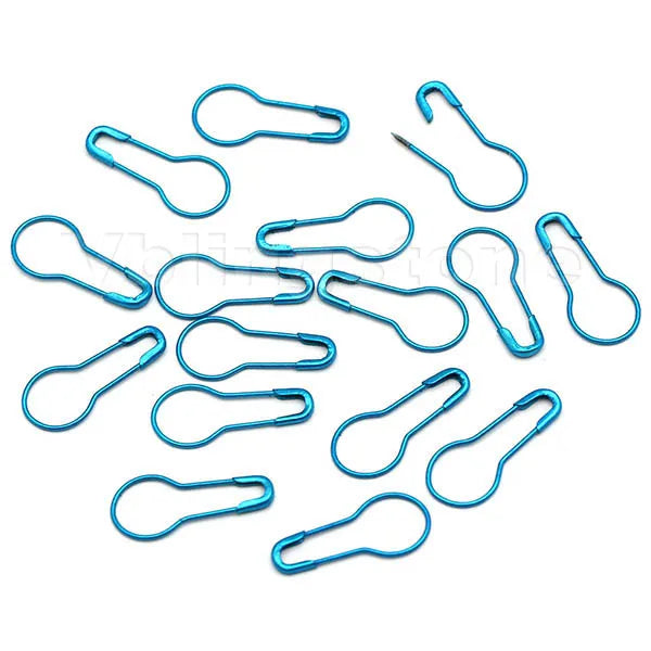 A collection of blue gourd-shaped locking safety pins for knitting and sewing.