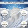 A white fitted sheet and pillow set is shown being washed, emphasizing its soft texture and care features like no fading and 