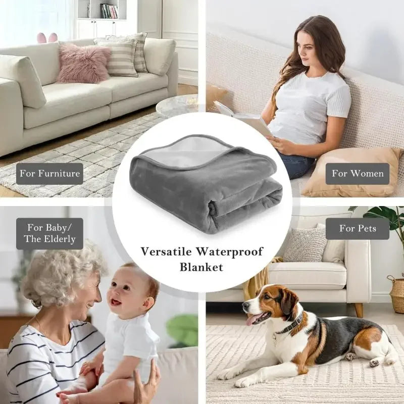 A versatile waterproof blanket shown in various contexts for furniture, women, pets, and elderly individuals.