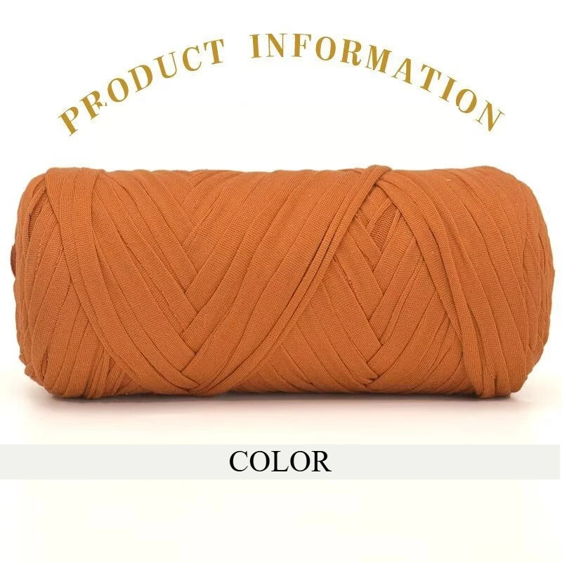 A tightly wound skein of thick orange-brown polyester blended yarn for crafting.