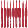 A row of red ergonomic crochet hooks with various sizes and tips displayed vertically.