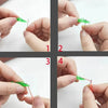 Four steps demonstrating how to use a mini hand sewing needle threader kit on fabric.