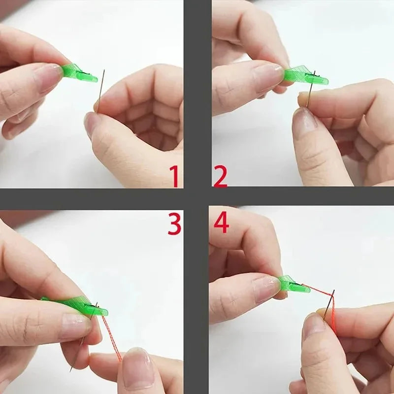 Four steps demonstrating how to use a mini hand sewing needle threader kit on fabric.