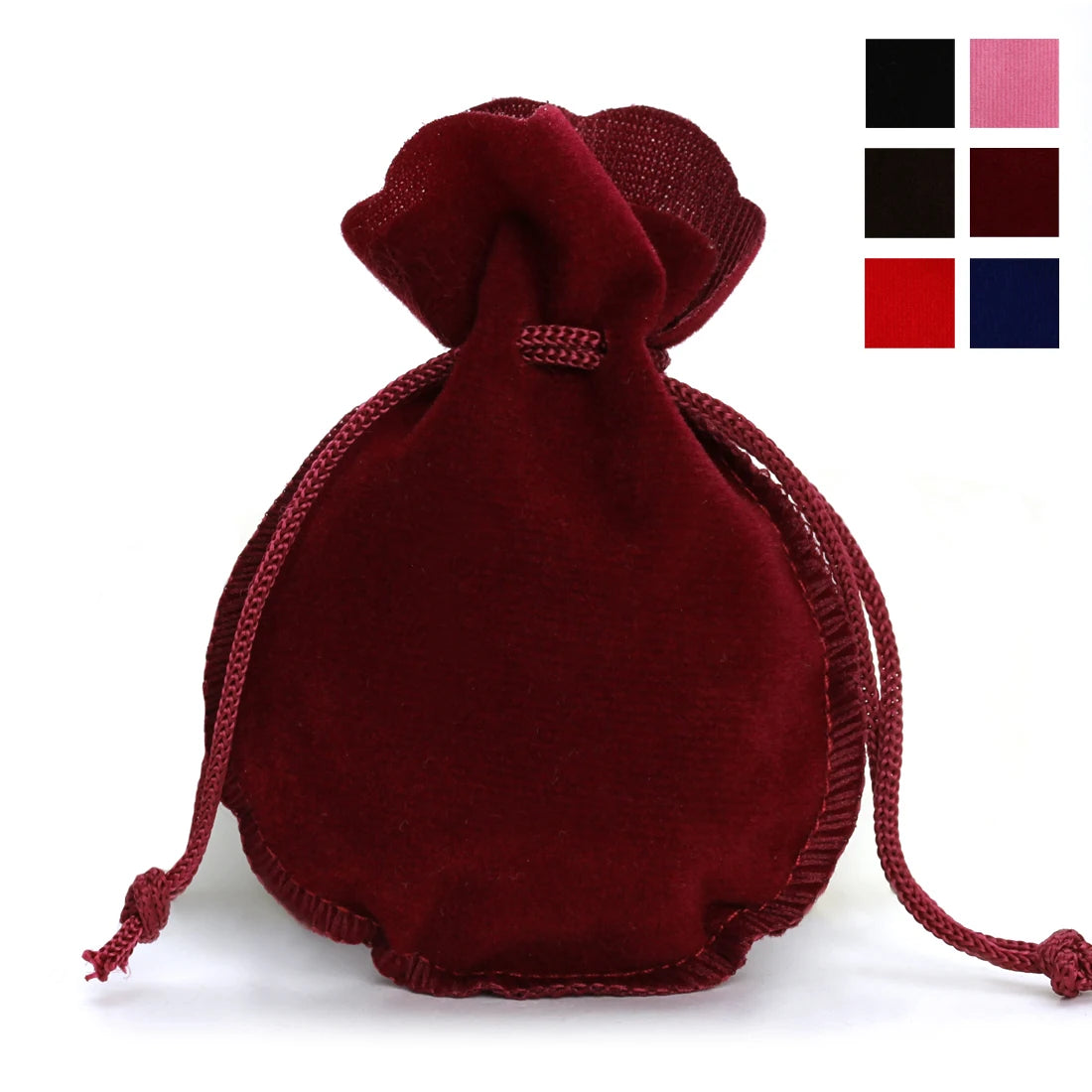 A deep maroon velvet drawstring gift bag with a gourd shape shown next to color swatches.