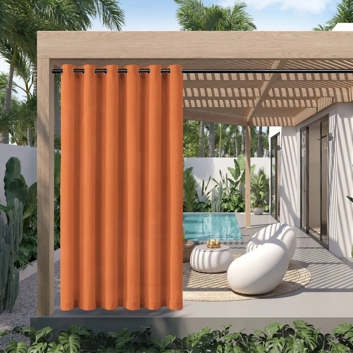 Orange waterproof outdoor curtain with grommet top hanging in a wooden pergola setting.